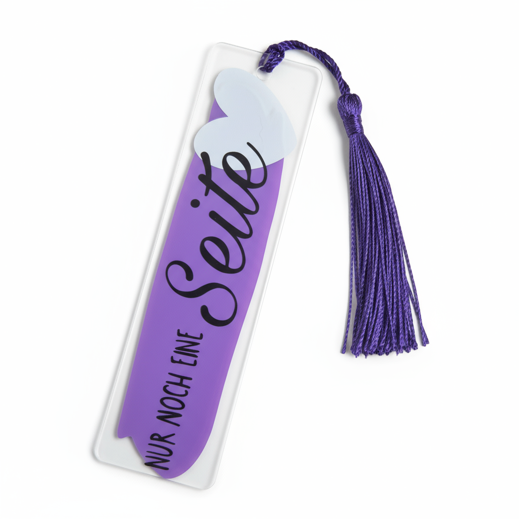 📖 Nur noch eine Seite – Acryl-Lesezeichen mit Herzmotiv 💜